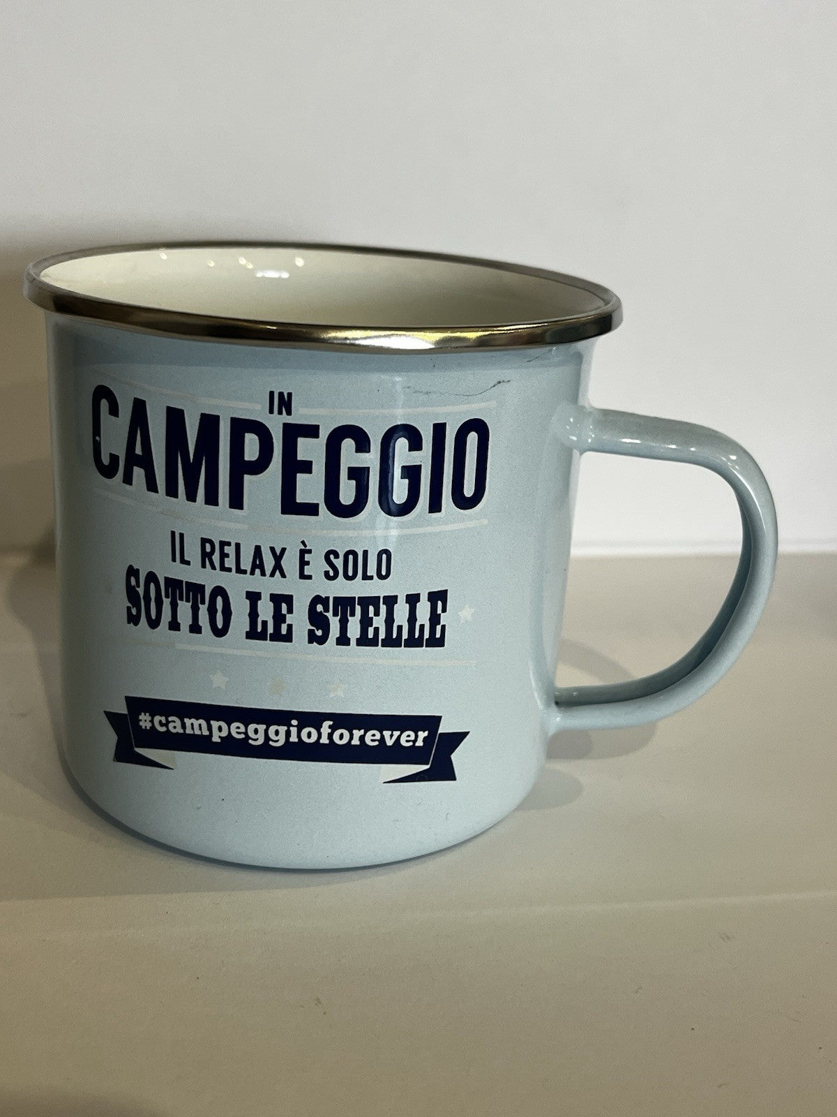 Tazza mug metallo smaltata H&H frase divertente Campeggio Sotto Le Stelle