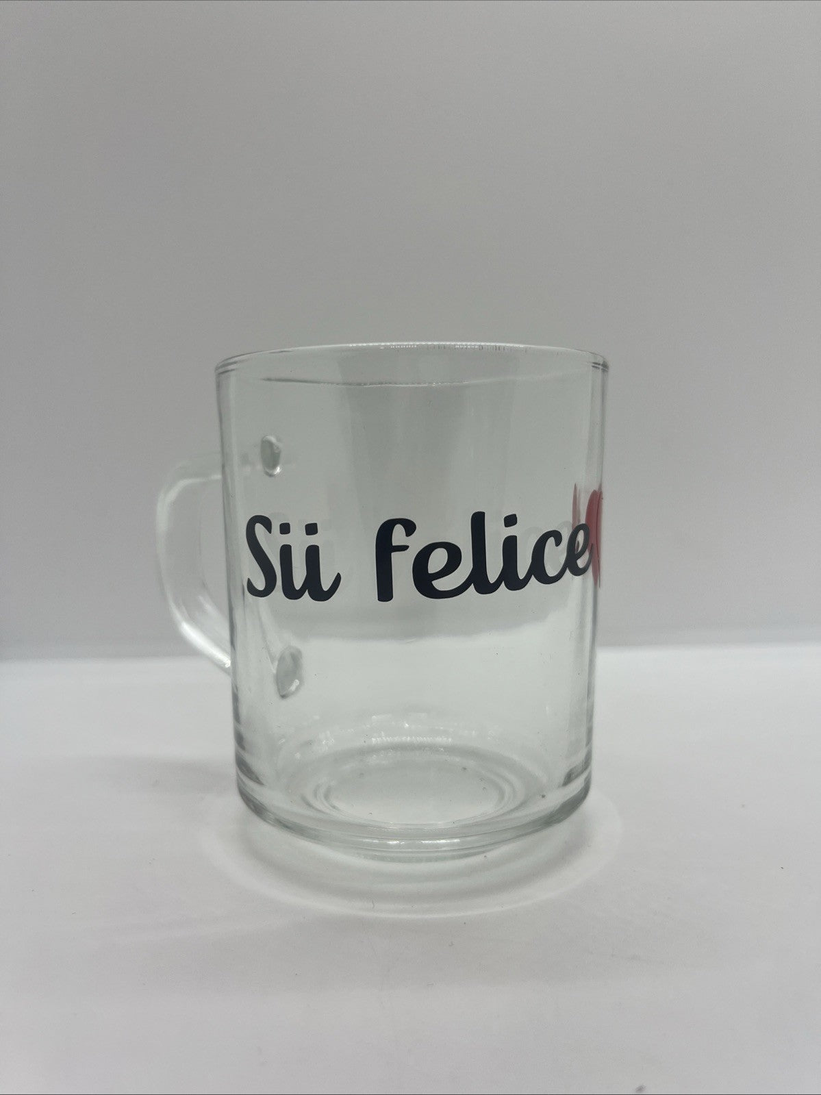 tazza colazione in vetro trasparente con scritta sii felice mug