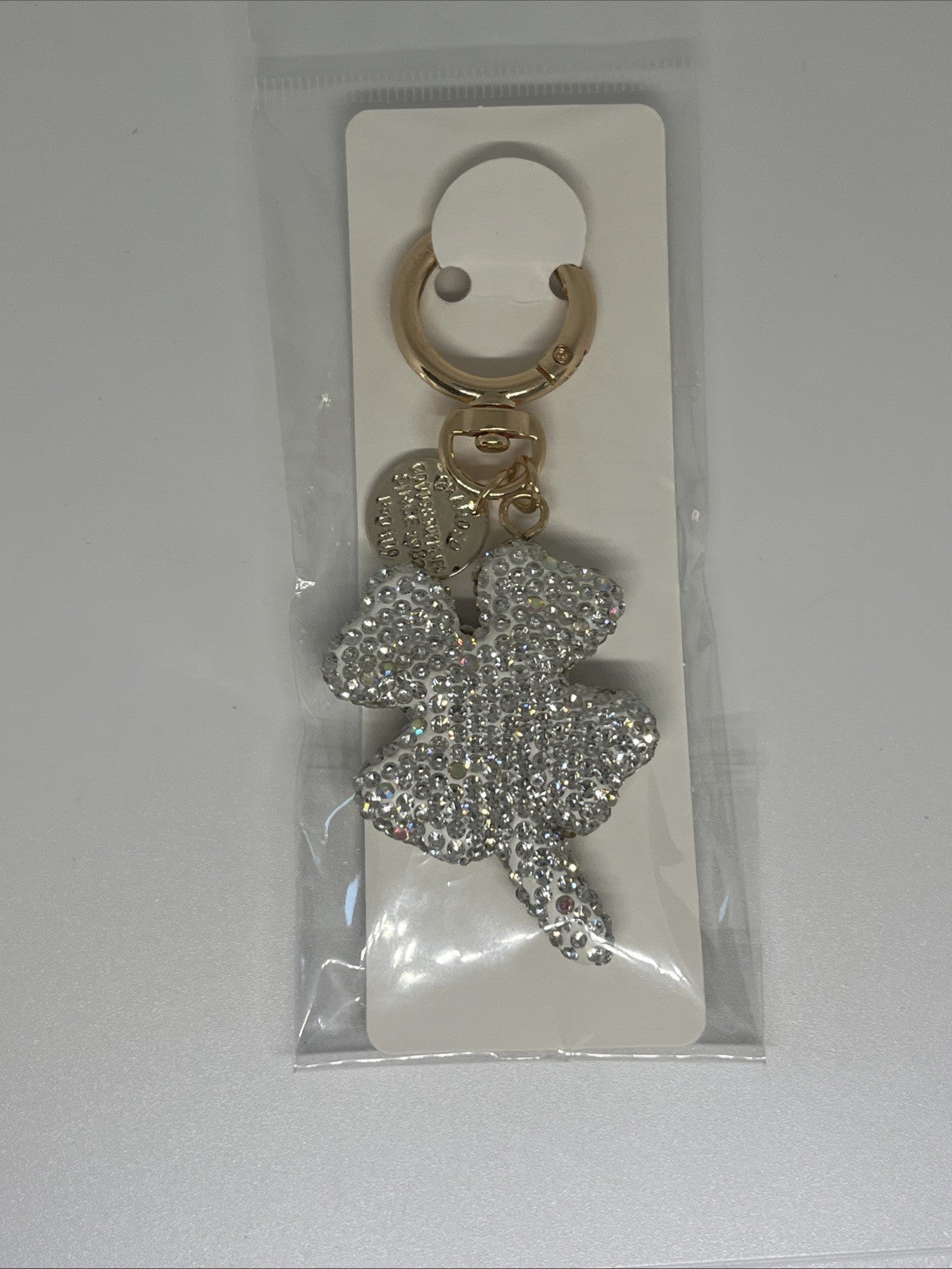 portachiavi quadrifoglio bianco donna Strass brillantini anello portafortuna