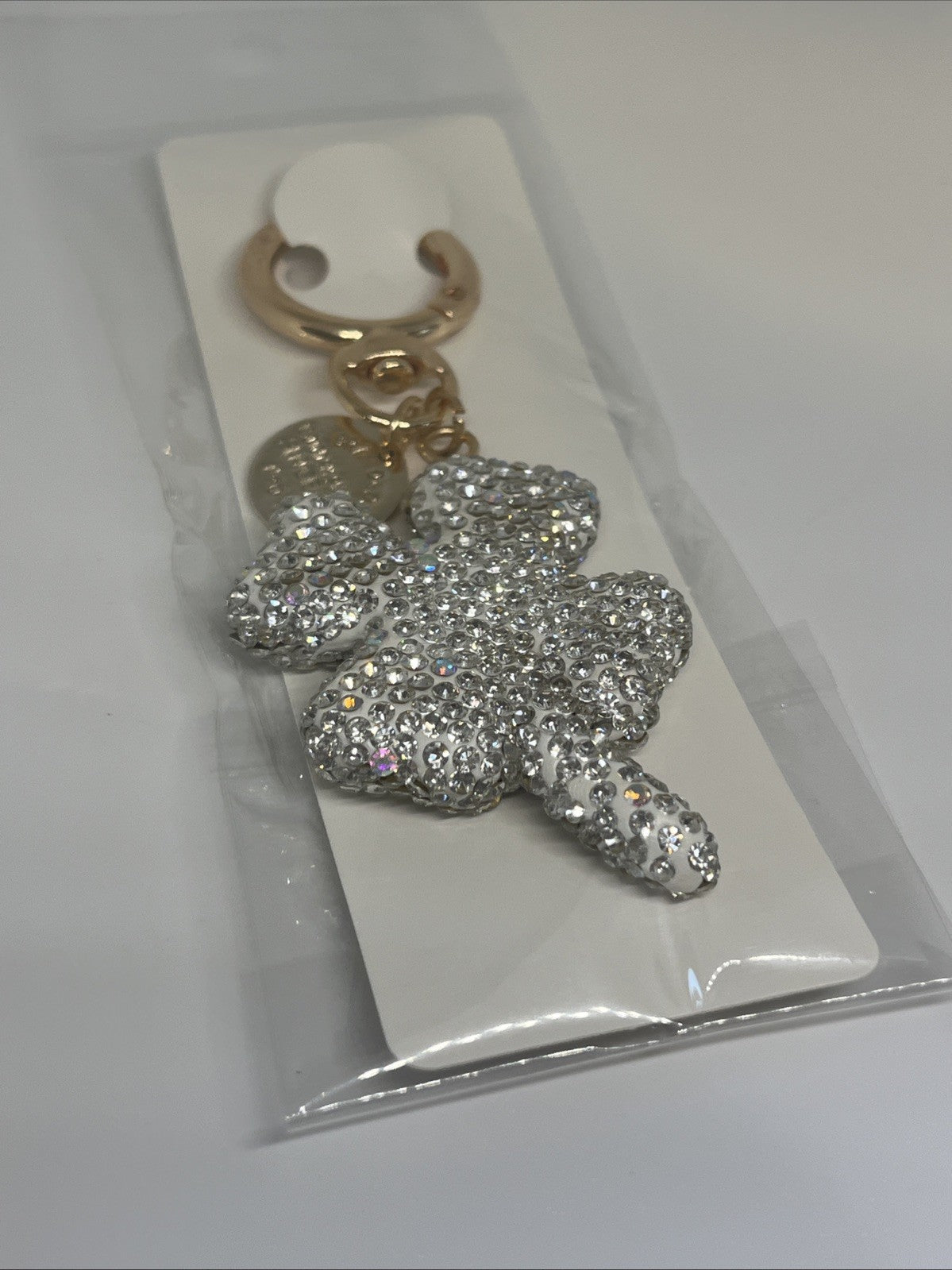 portachiavi quadrifoglio bianco donna Strass brillantini anello portafortuna