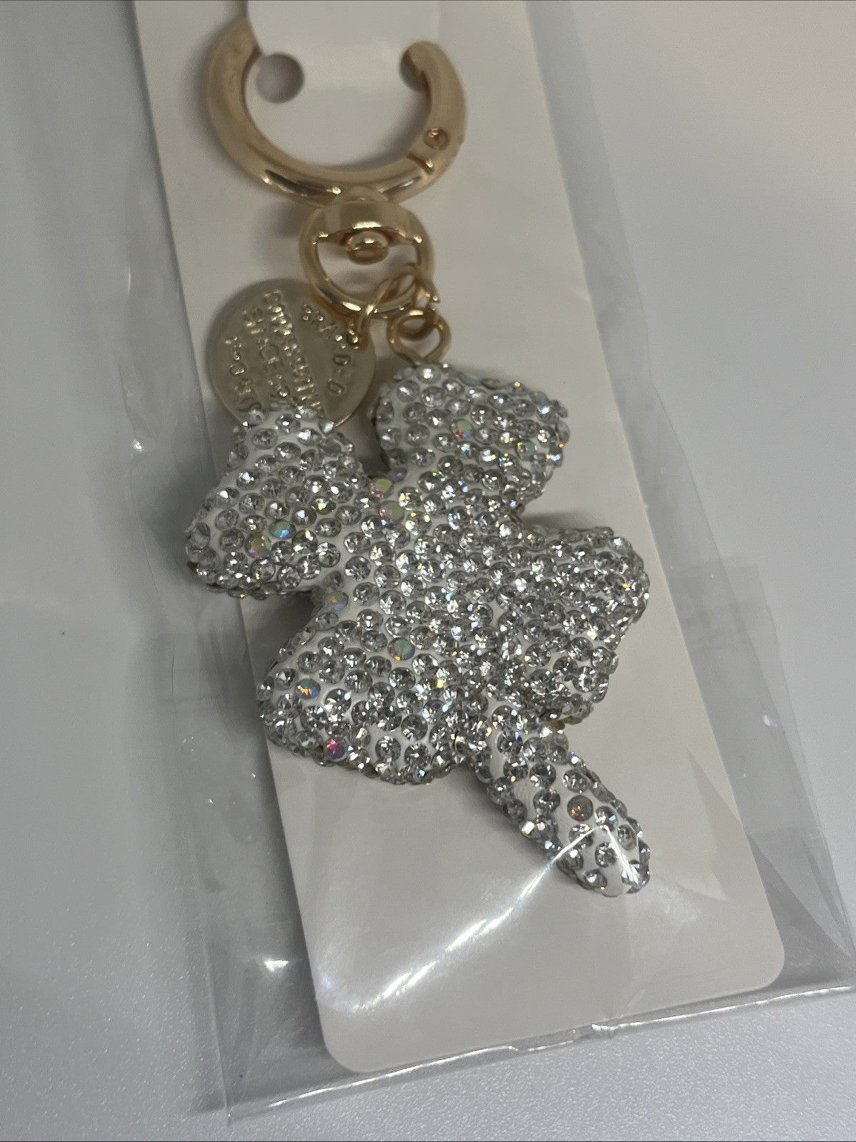 portachiavi quadrifoglio bianco donna Strass brillantini anello portafortuna