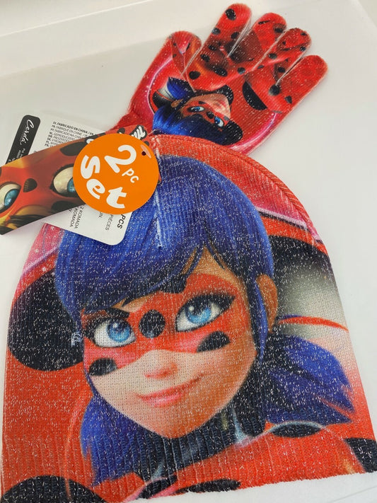 SET BERRETTO GUANTI MIRACULOUS BAMBINA DISNEY LADY BUG TG UNICA PAPALA brillanti