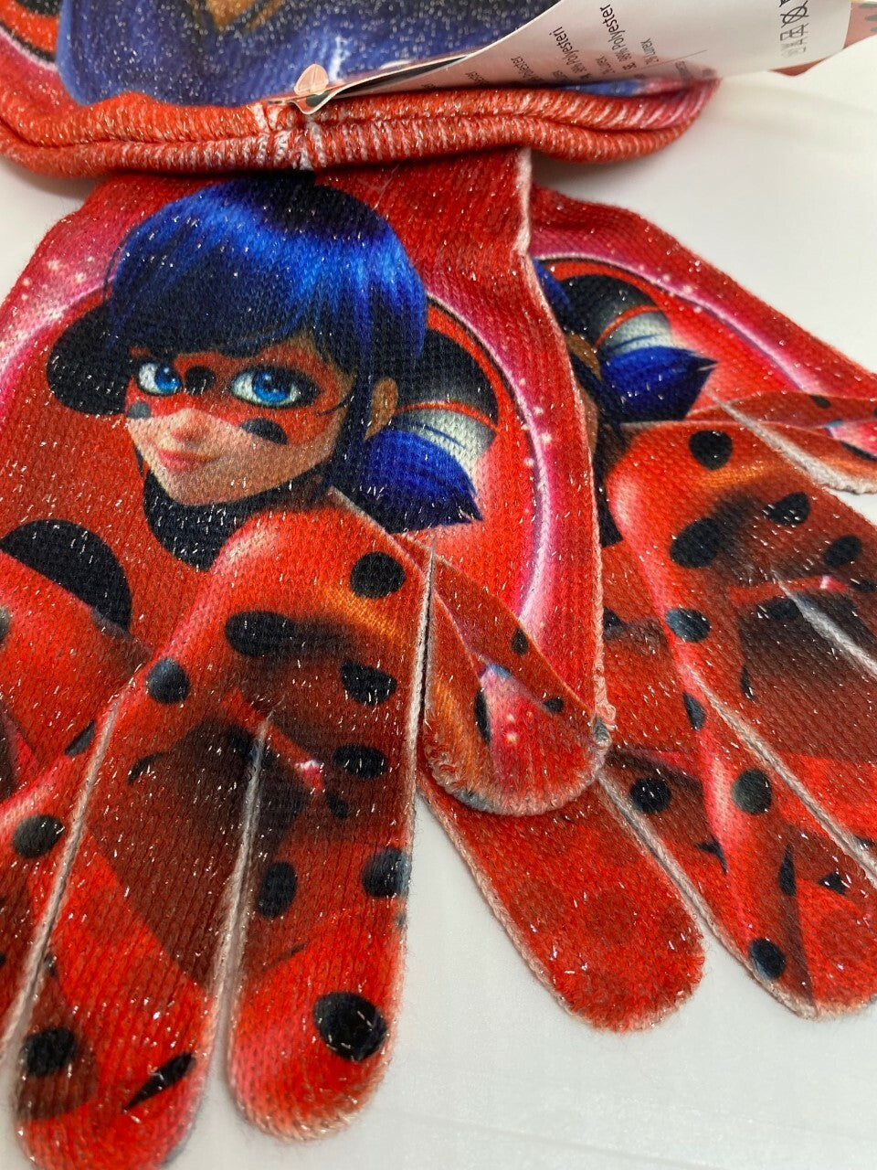 SET BERRETTO GUANTI MIRACULOUS BAMBINA DISNEY LADY BUG TG UNICA PAPALA brillanti