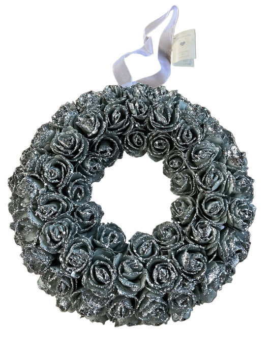 Ghirlanda di rose grigie con glitter argento da appendere 29 cm