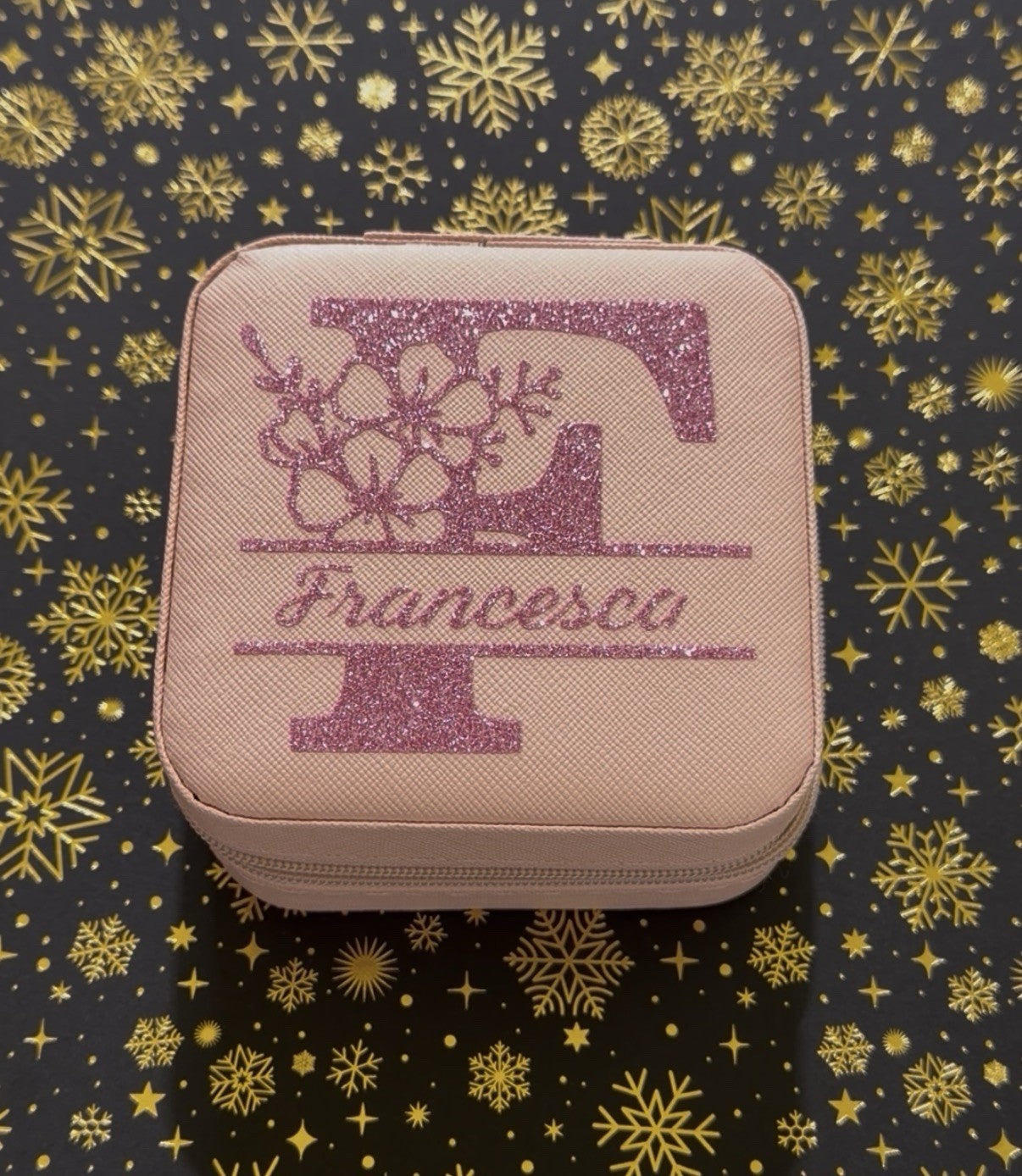 portagioielli gioielli da viaggio rosa 10x10 con zip personalizzato nome glitter