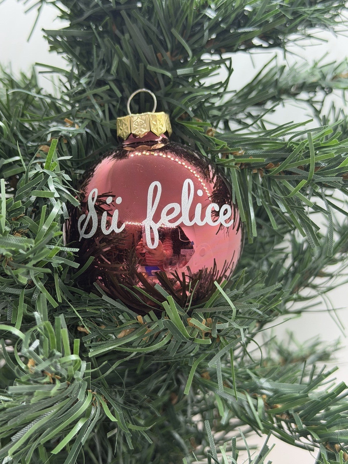 Pallina albero Natale decorazione vetro scritta sii felice bordeaux e bianca