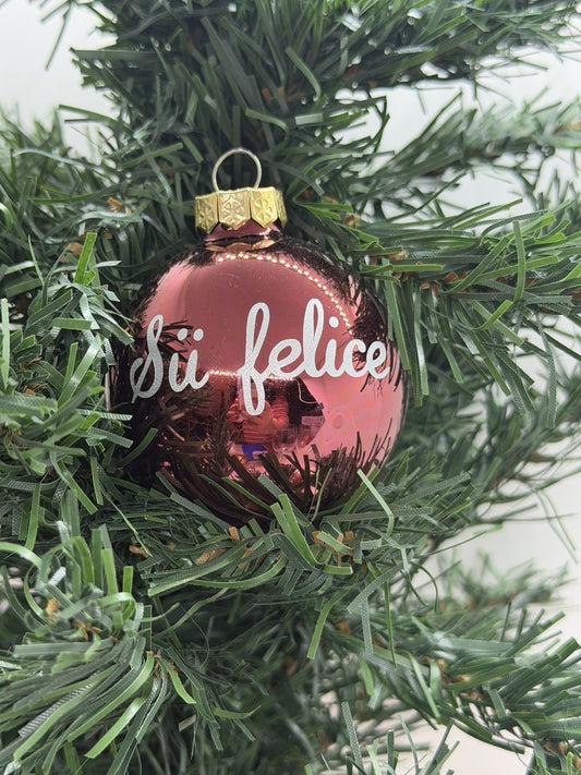 Pallina albero Natale decorazione vetro scritta sii felice bordeaux e bianca