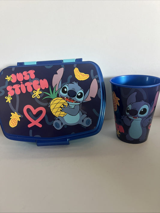 porta pranzo merenda e bicchiere in plastica per bambini stitch scuola asilo