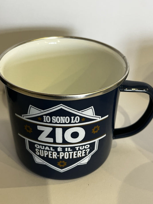 Tazza mug metallo smaltata H&H frase divertente Zio Super Potere